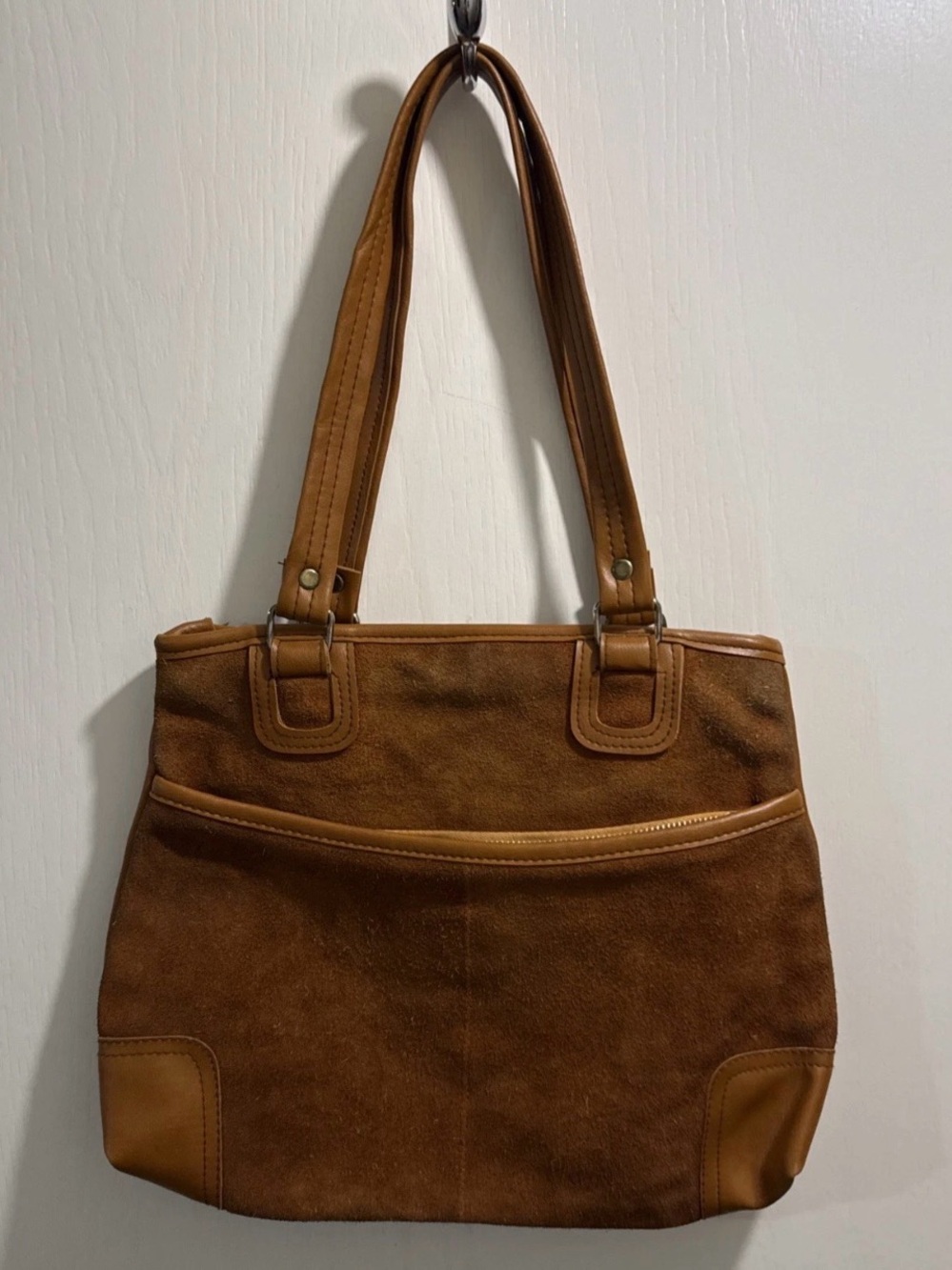 Vintage Hippie 70s Women's Tan Suede Shoulder Bag with Leather Trim